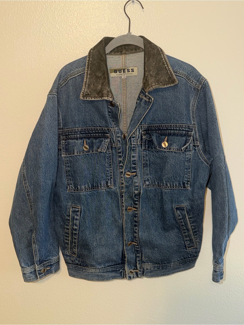 GUESS Men's Blue Denim Jacket with Dark Contrast Collar